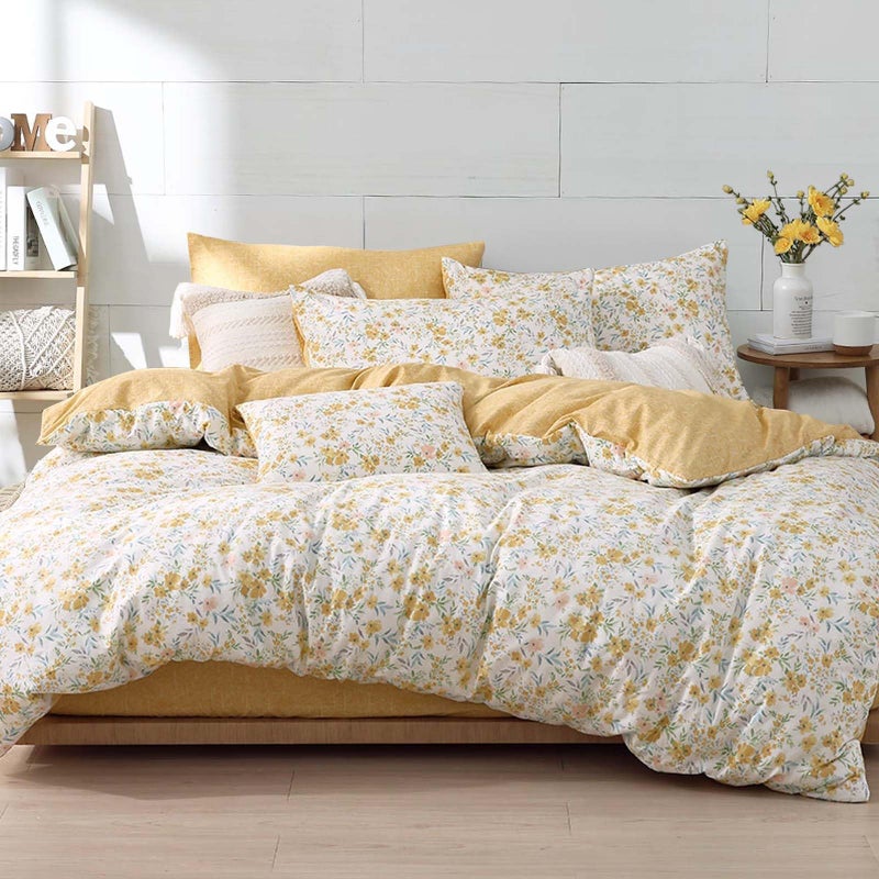 ALEISSEL Natural Cotton 3pcs Floral Comforter Sets King Size-Yellow Comforter with Pink & Yellow Flowers and Blue & Green Leaves on White  Reversible Lightweight Bedding Sets(King 104""?90"") - Image 1